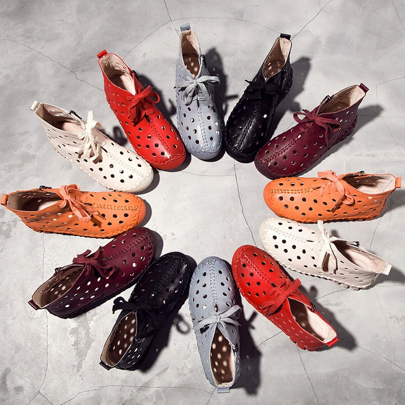 Весенне-летние новые сандалии в пещере, женские сапоги из натуральной кожи внутри и снаружи, сшитые вручную полые туфли из воловьей кожи с верхним слоем и мягкой подошвой