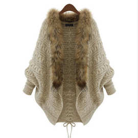 都市潮流欧美版蝙蝠袖毛领毛衣 奢华精品女士针织开衫毛衣 批发