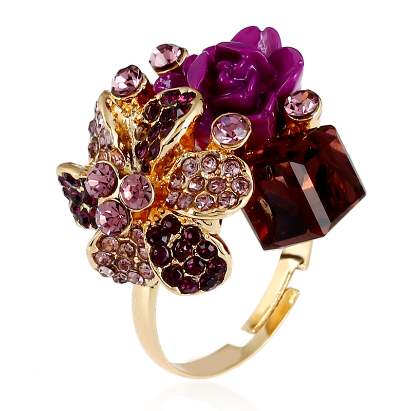Joyería europea y americana colorido cristal gema anillo abierto personalidad moda anti-alergia resina flor anillo