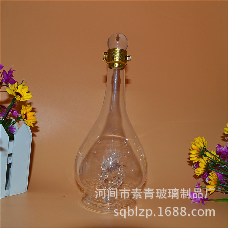 供应高硼硅玻璃酒瓶 透明水滴形双层底500ml礼品飞天龙酒瓶可烤花
