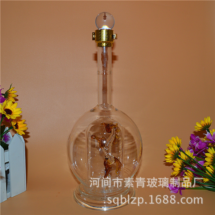 高硼硅玻璃酒瓶 1斤灯泡内套内置红棕马泡酒瓶水晶盖铜卡扣封