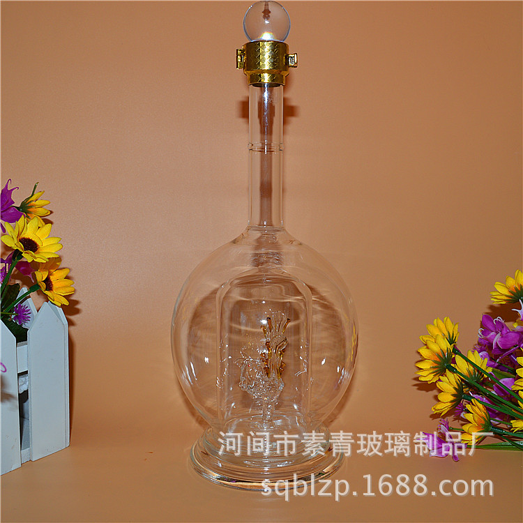 高硼硅玻璃酒瓶 1斤灯泡内套内置凤凰形泡酒瓶水晶盖铜色扣封