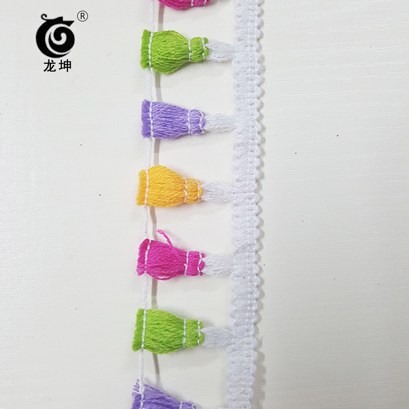 厂家直供棉质流苏花边适用童装女装手工花边棉纱彩色扫把排须花边