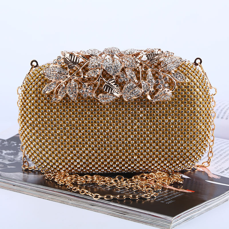 Cross-Border Leaf Flower Evening Bag Popular Diamond Clutch Bag Socialite Evening Bag Makeup Banquet Bag Manufacturer Wholesale