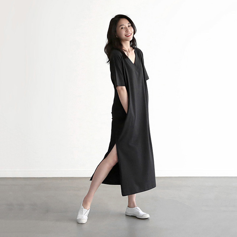 Summer New Women's Clothing New Korean Style V Neck Short-Sleeved Cotton Large Size Modal Dress Loose Casual Slit Long Skirt
