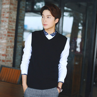 Men's knitted wool vest solid color sleeveless sweater V-neck Korean style slim-fit wool vest men's vest