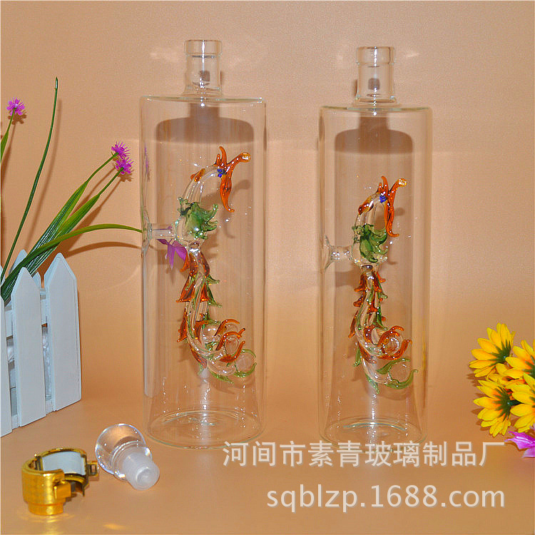 高硼硅玻璃礼品酒瓶 500ML内置金凤凰直筒泡酒瓶亚克力盖密封