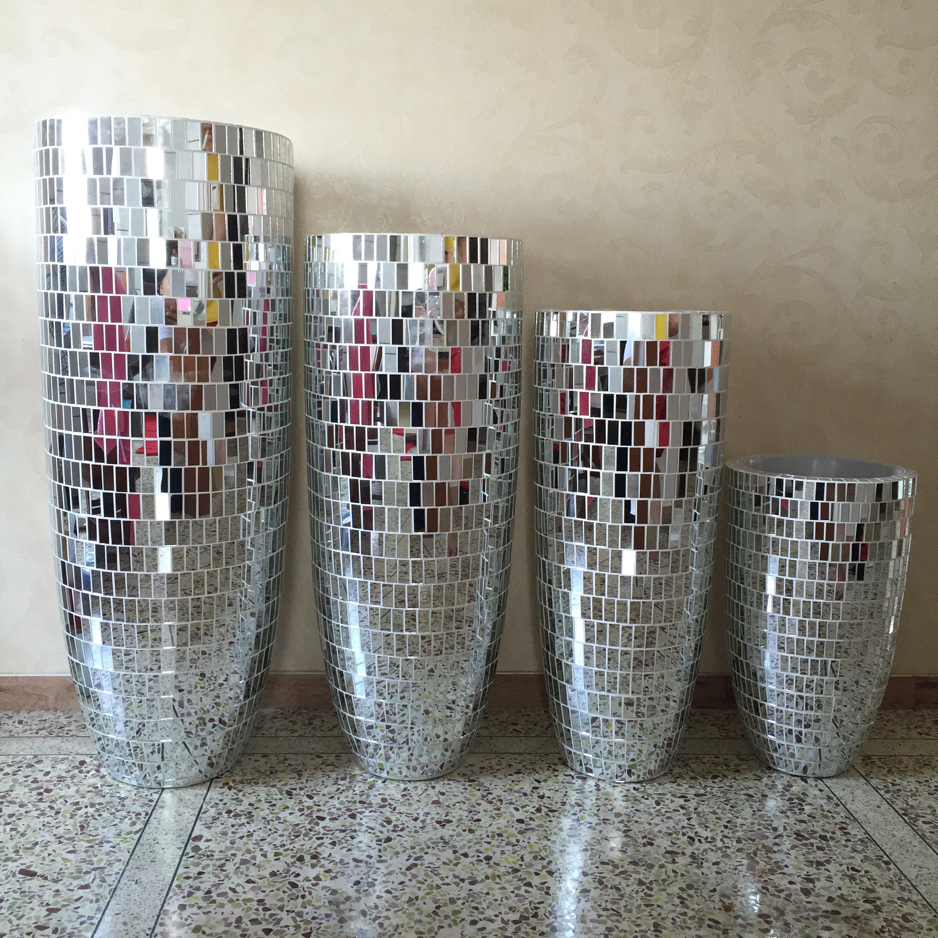 欧式时尚玻璃钢落地大花瓶花盆花器 镜面条形玻璃子弹头花瓶组合