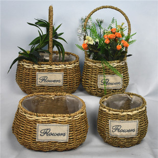 Willow Straw Basket Iron Hand-held Flower Basket Rattan Hand-held Blue Bonsai Flower Pot for Pastoral Fleshy Flowers