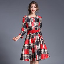 深圳欧洲站精品女装开衫裙长袖格纹印花连衣裙配腰带