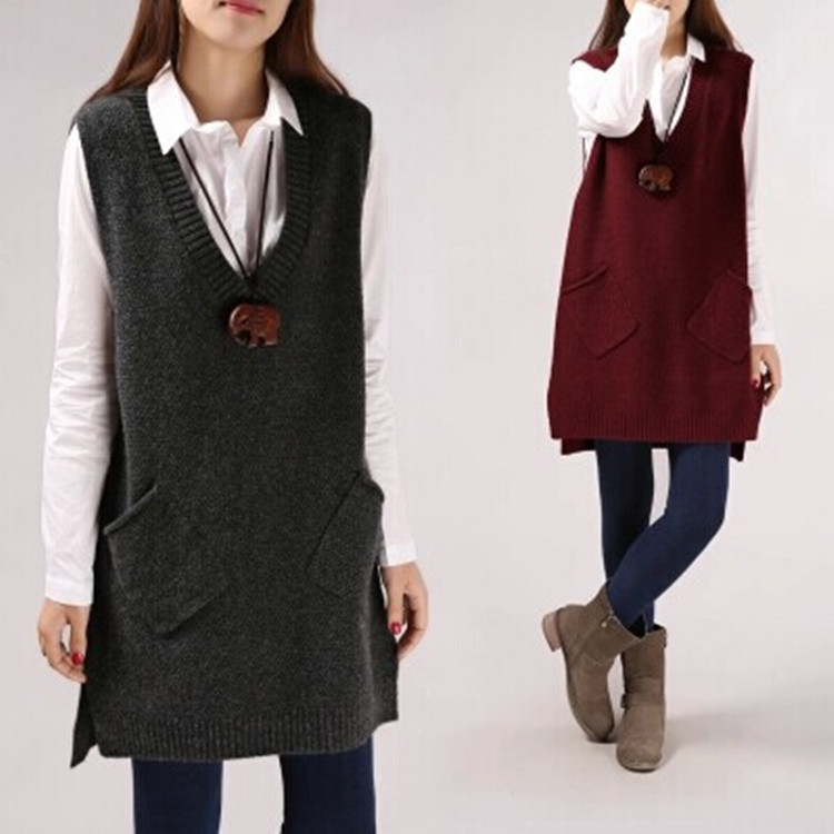 Loose and Slimming Versatile Plus-Size V-Neck Pullover Pocket Sleeveless Knit Sweater Vest for Spring and Autumn