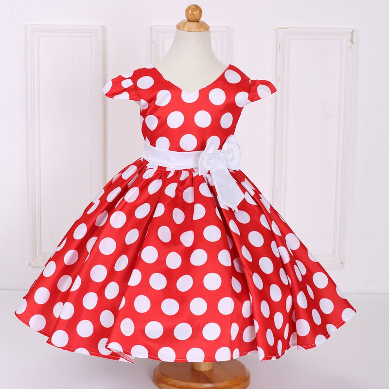 2020 Spring children's dress new girls' white bow belt + white dot dress red sapphire blue