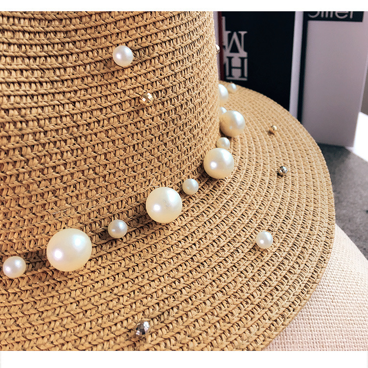 Estilo coreano británico sombrero de paja de ala plana con cuentas de perlas sombrero superior de protección solar de las mujeres sombrero de Jazz sombrero de playa al aire libre verano