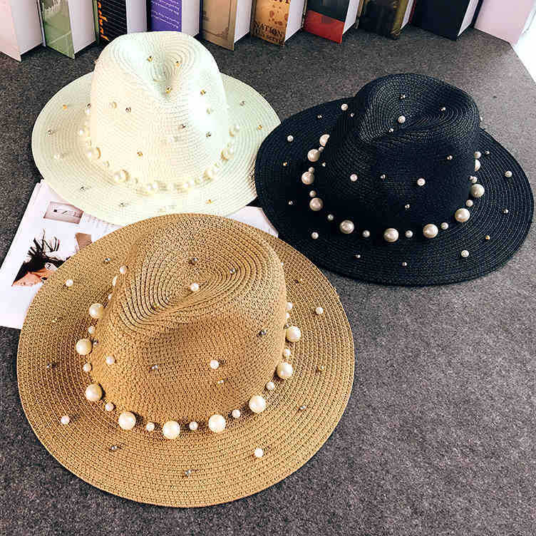 Estilo coreano británico sombrero de paja de ala plana con cuentas de perlas sombrero superior de protección solar de las mujeres sombrero de Jazz sombrero de playa al aire libre verano