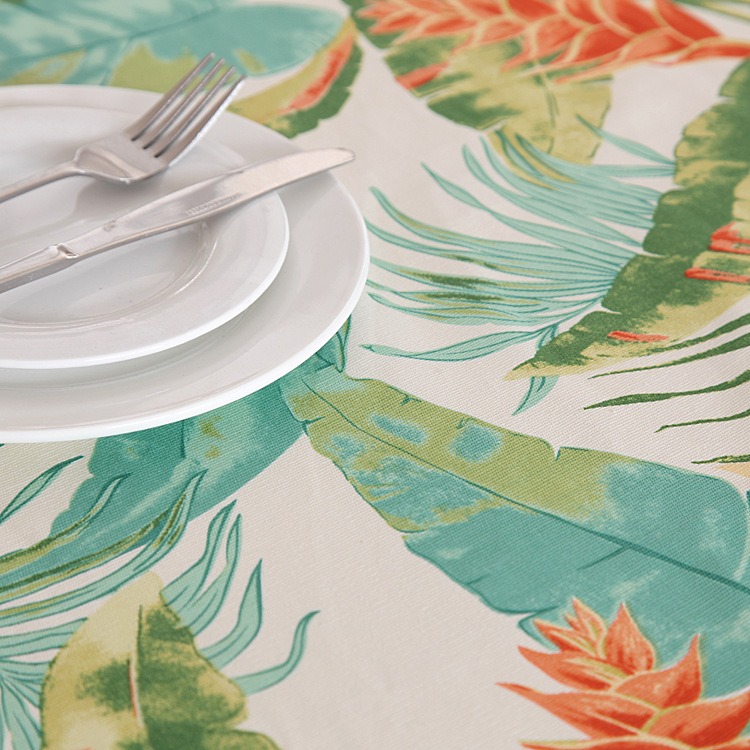Mantel de lona de algodón gruesa con estampado de hojas de plátano y selva tropical, disponible en stock para mesas de centro y mesas de comedor._voghion.com