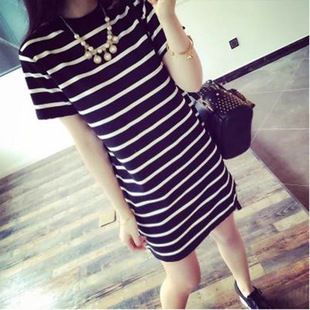 2024 Summer Women's Mid-length Women's Striped Loose Short-sleeved T-shirt Women's Korean-style Striped Women's dress