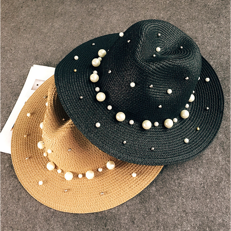 Estilo coreano británico sombrero de paja de ala plana con cuentas de perlas sombrero superior de protección solar de las mujeres sombrero de Jazz sombrero de playa al aire libre verano