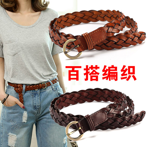 Korean fashion 3 strands broken cowhide woven candy thin women's belt mixed batch women's genuine leather belt wholesale 