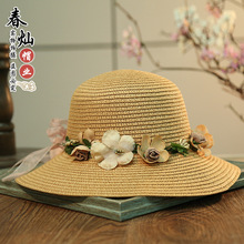 夏天韩版女士大沿防晒草帽 户外旅行遮阳防晒花环太阳帽 厂家批发