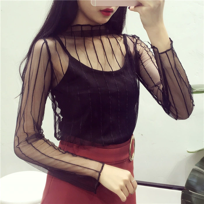 Long‑sleeve mesh top, polyester lace, transparent, one size, spring‑summer
