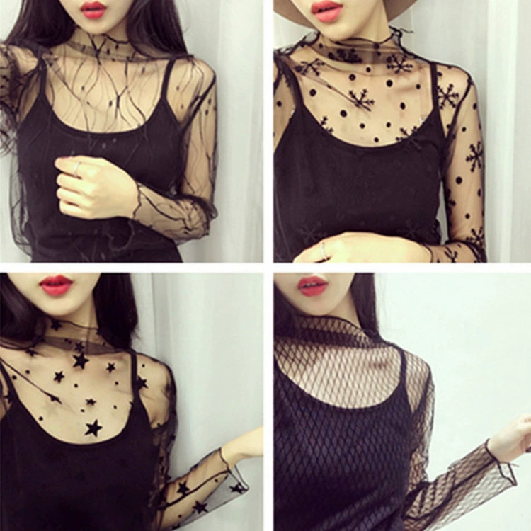 Long‑sleeve mesh top, polyester lace, transparent, one size, spring‑summer
