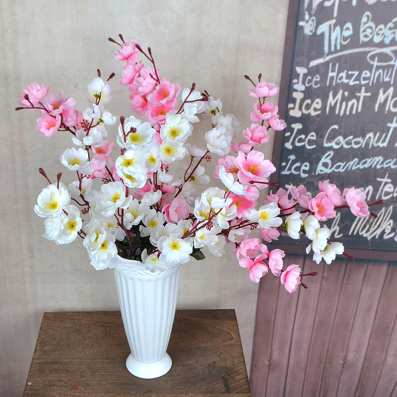 Artificial Peach Blossom Branch with 7 Branches, Fake Flowers for Living Room Decoration, Wedding Silk Flowers, Fake Flower Engineering Landscaping Peach Blossom Branch with Plum Blossom Bunch