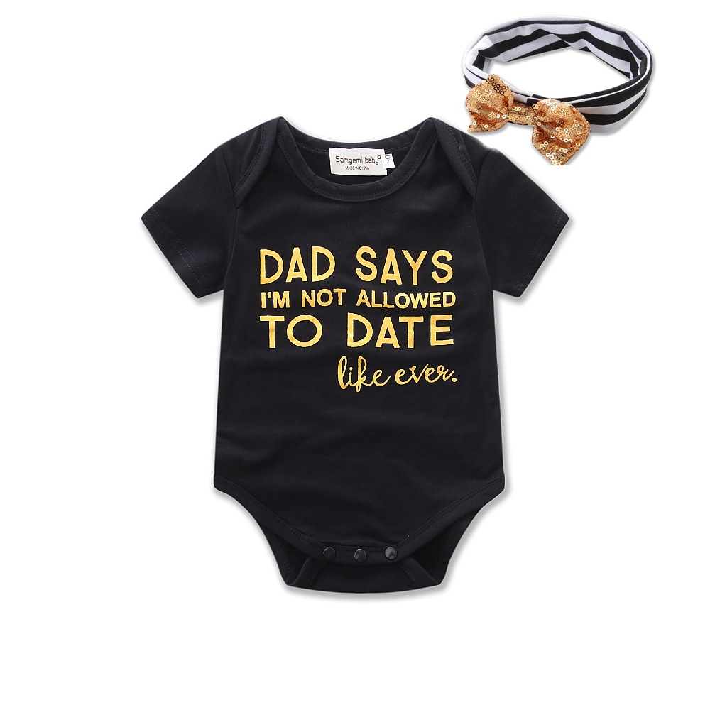 ins European and American baby black letter printed short-sleeved jumpsuit + headdress baby triangle romper 17049