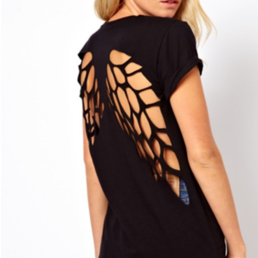 S-5XL Explosions ebay Hot Back Carved Hollow Angel Wings Black Round Neck Short Sleeve Women's T-Shirt Wishes
