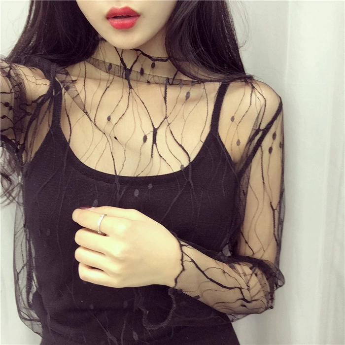 Long‑sleeve mesh top, polyester lace, transparent, one size, spring‑summer