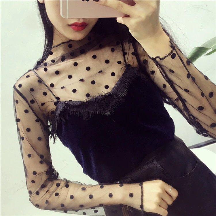 Long‑sleeve mesh top, polyester lace, transparent, one size, spring‑summer
