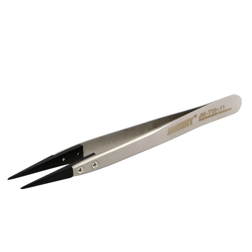 JM-T10-11 stainless steel anti-static tweezers, replaceable tips, with fiber straight tip and two pairs of bent tips