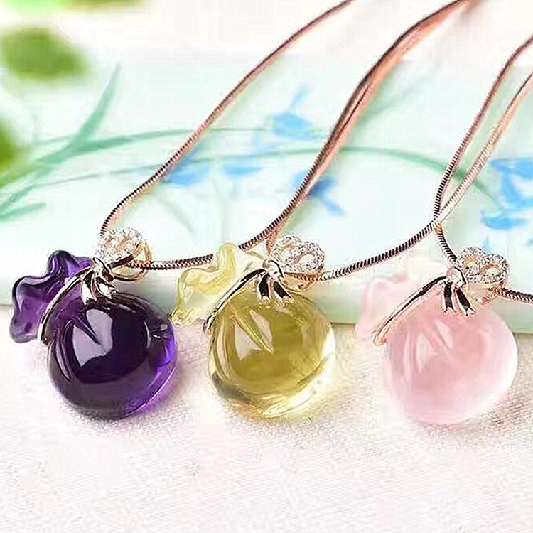 Natural Powder/Yellow/Amethyst Money Bag Women's Clavicle Chain with Xizang Silver and Rose Gold Bow Pendant