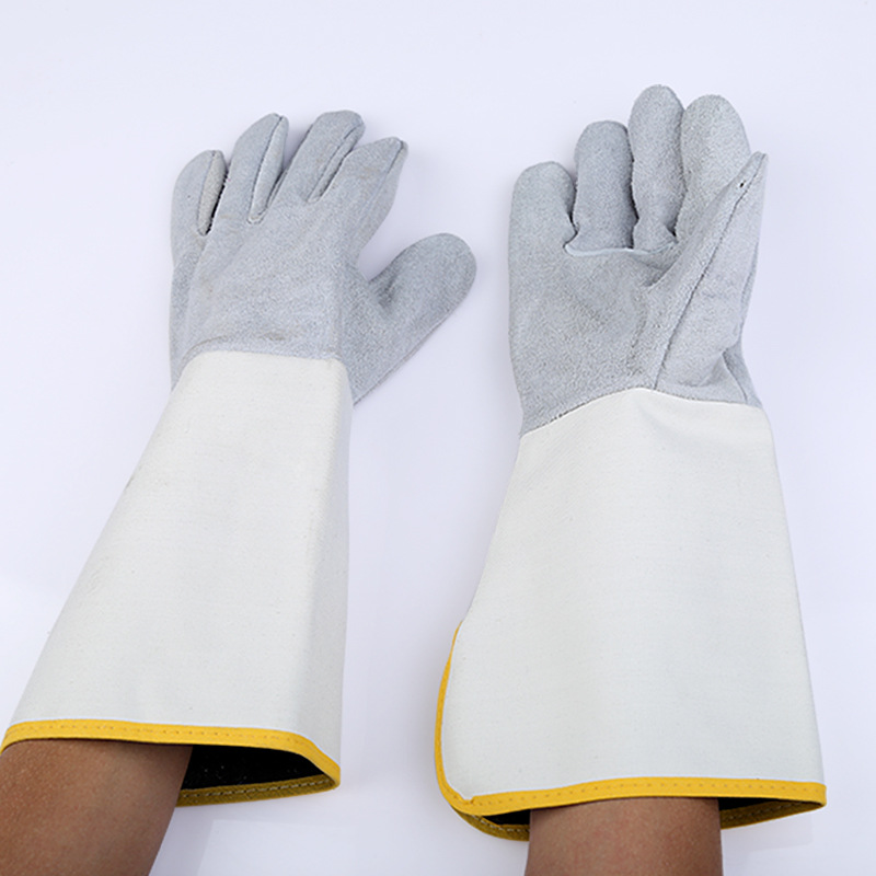 批发二层帆布电焊加长翻毛牛皮焊工船厂耐磨劳保防护干活劳工手套