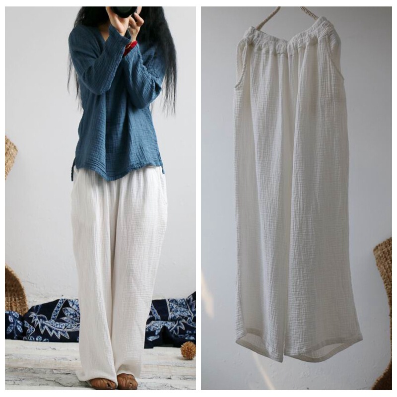 Designer style artistic style simple basic cotton and linen texture Zen yoga casual loose wide-leg pants trousers