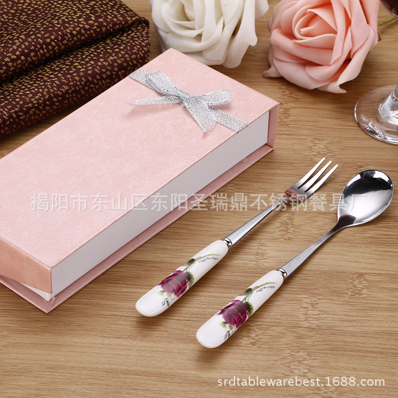 Ceramic stainless steel tableware wedding wedding couple suit small two-piece gift tableware support printing LOGO