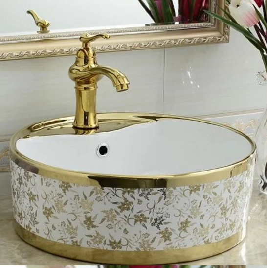 Oro contador cuenca mayor lavabo grifo antiguo lavabo grifo de agua caliente y fría exportación al por mayor