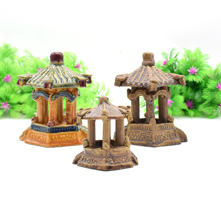 陶瓷六角亭 大小亭子摆件鱼缸造景装饰假山流水盆栽水族箱摆件