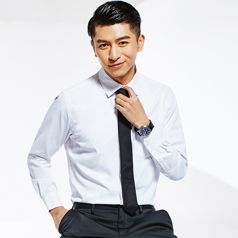 Available in Large Sizes Cotton Workwear Men's Long-Sleeved Shirt Pure Color White Blue Slim Fit Korean Style Embroidered Logo