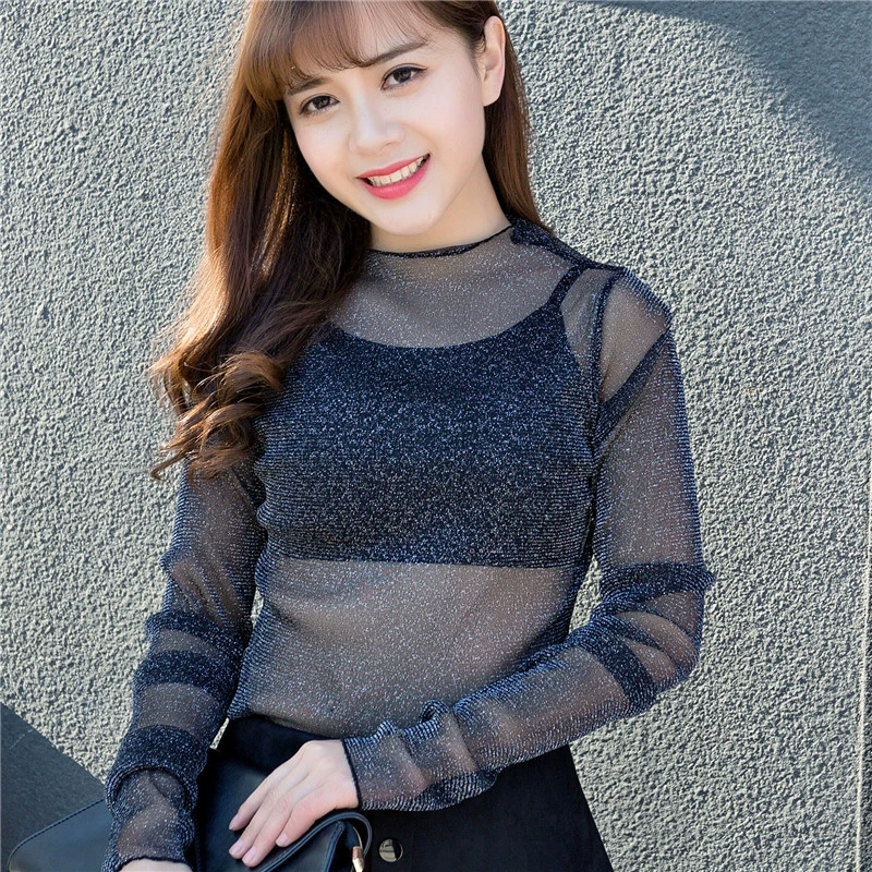 Long‑sleeve mesh top, polyester lace, transparent, one size, spring‑summer