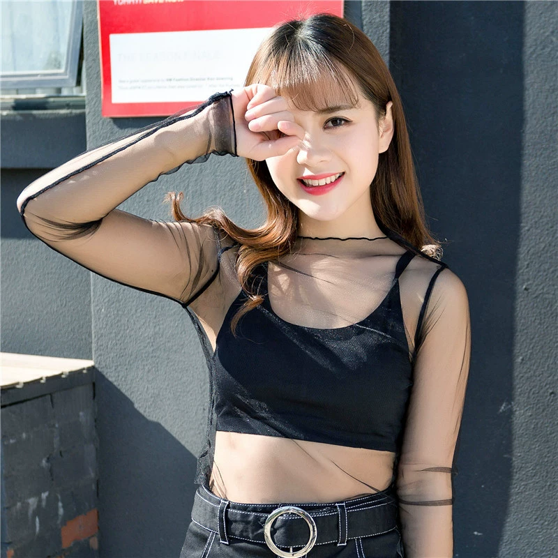 Long‑sleeve mesh top, polyester lace, transparent, one size, spring‑summer