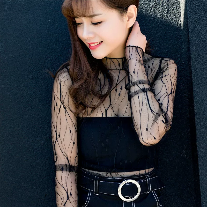 Long‑sleeve mesh top, polyester lace, transparent, one size, spring‑summer