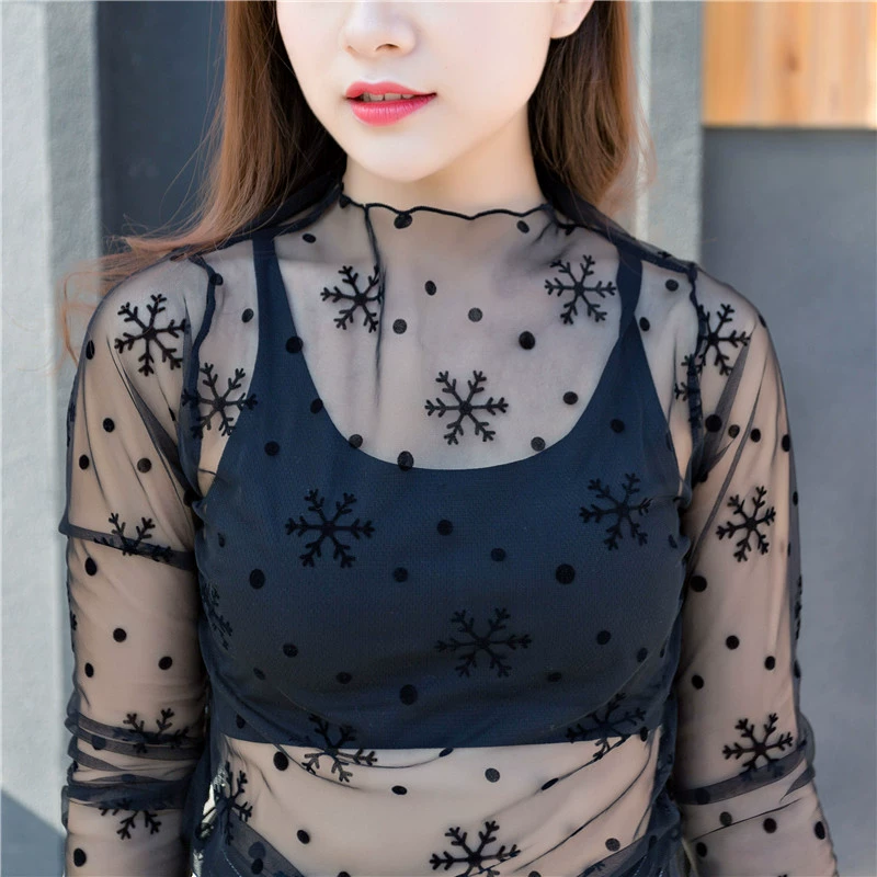 Long‑sleeve mesh top, polyester lace, transparent, one size, spring‑summer