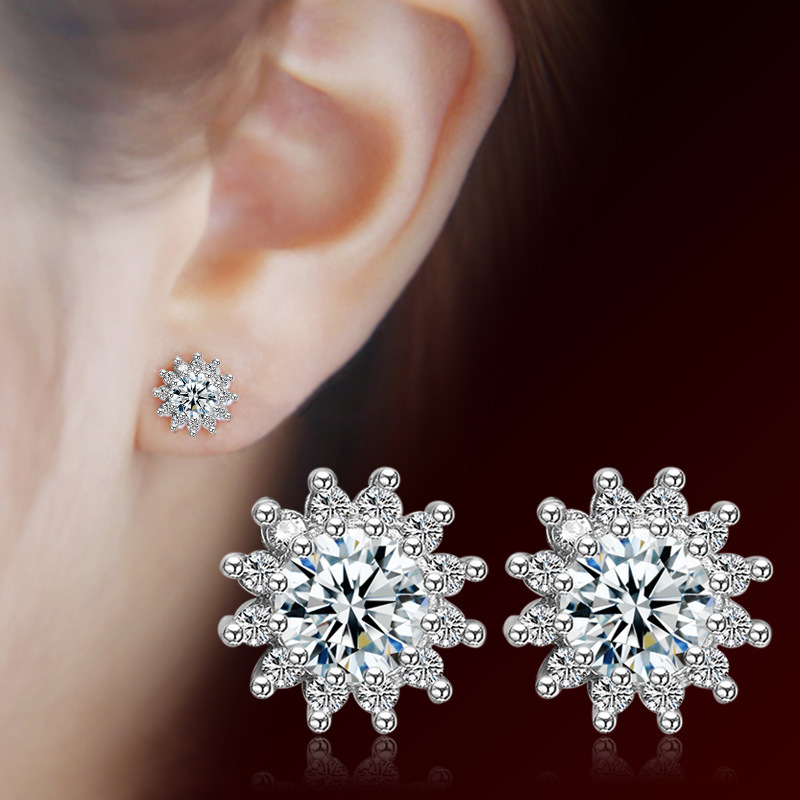 Flower Zircon Earrings Silver Plated Lightweight Pakistani Women