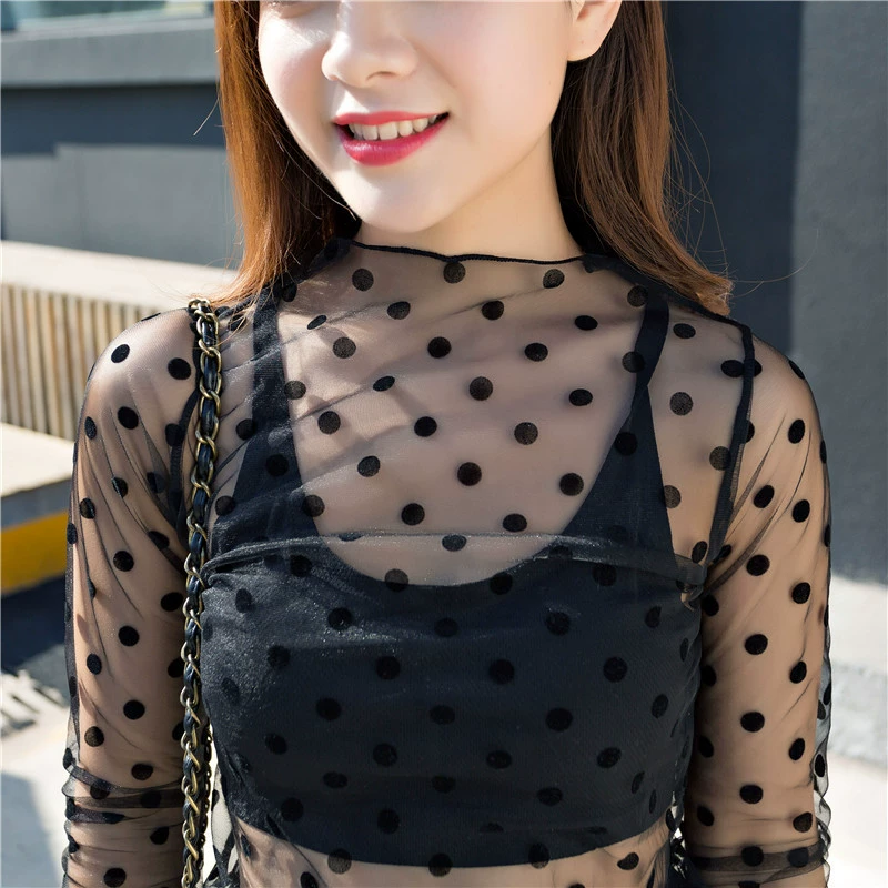 Long‑sleeve mesh top, polyester lace, transparent, one size, spring‑summer