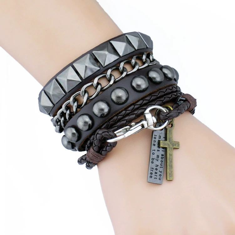 Set, fashionable black woven bracelet for beloved, European style, punk style