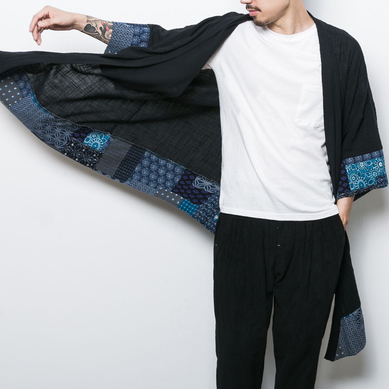 Chaqueta fina de estilo japonés para hombre, estilo artístico, estilo Harajuku, estilo chino, cárdigan étnico, Material de lino, Primavera/Verano 2019