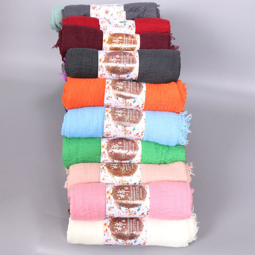 New Folded Solid Color Cotton Scarf with Natural Creases, Human Hair Edge, Large Size Women's Headscarf BS414