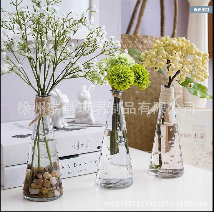 Креативные украшения для гостиной, прозрачная ваза, зеленая стеклянная бутылка для растений, ваза для искусственных цветов, коническая бутылка, стеклянная бутылка из пеньковой веревки