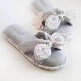 halluci 春夏新品 透气棉麻小碎花蝴蝶结露趾拖鞋 家居地板拖鞋