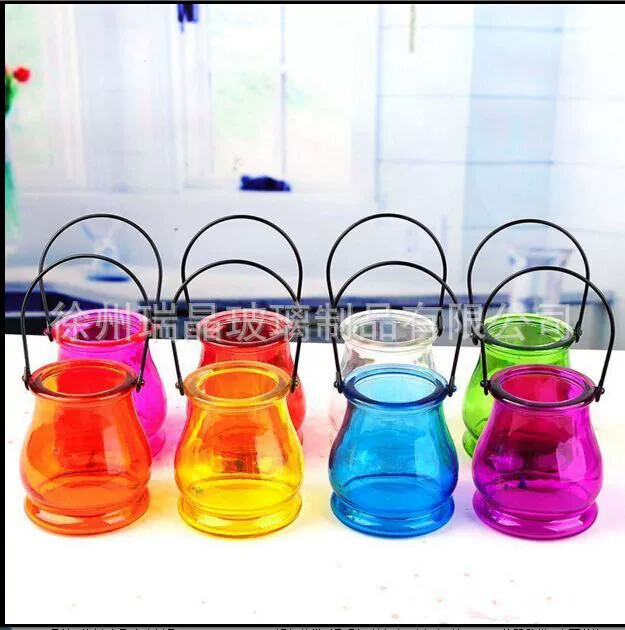 Оптовая продажа фабрики Новый Творческий красочные висит корзина стеклянная бутылка Цвет бинауральные висит корзина ваза изделия из стекла